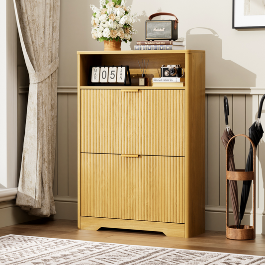 Shoe Cabinet Storage for Entryway Hidden Shoes Storage Cabinet with 2 Flip Drawers, Tall Free Standing Shoe Organizer Rack for Foyer, Hallway. Natural,31.6'' L x 9.6'' W x 40'' H.  W1162P384346