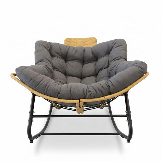 Oversized Papasan Rocking Chair Outdoor with Thick Cushion and Handwoven Rattan Head Pillow, Dark Grey Rattan and Metal Lounge Chair for Balcony, Porch, Garden, 39.37'  W2887P511377