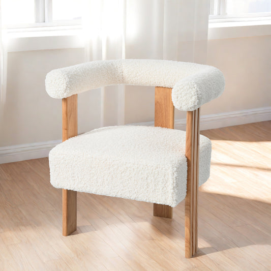 Mid-Century Modern Barrel Accent Chair, Upholstered Kitchen & Dining Room Chairs with Arms, Teddy Velvet Boucle Accent Chairs Side Chairs for Kitchen Living Room Bedroom, White  N765P183819W