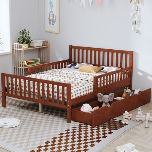 Full Size Wood Platform Bed with Guardrails on Both Sides and Two Storage Drawers, Walnut  N733P172700D