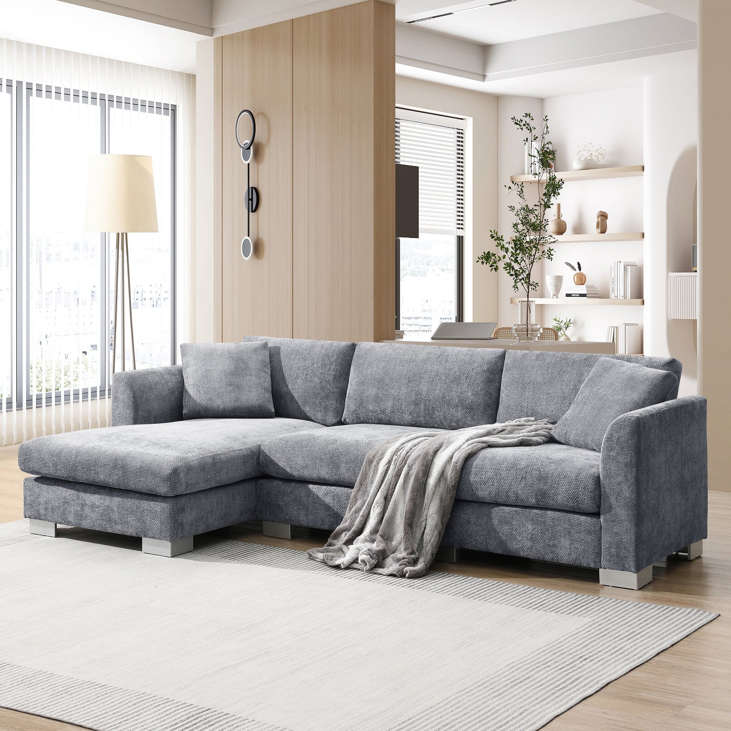 [NEW SKU of N723S6037E]96' Modern Cloud Sectional Sofa, L-shaped Luxury Couch Set with 2 Free pillows, 4-seat Chenille Indoor Furniture with Oversized Chaise for Living Room, Apartment, Office  N723S7037E