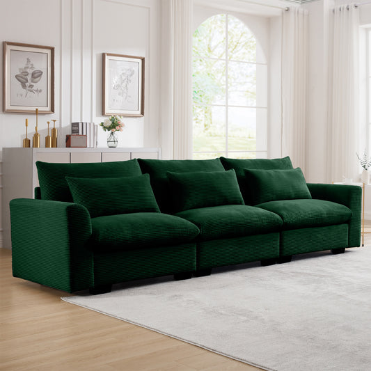 3 Seater Deep Seat Couches for Living Room, Wide and Deep Seat Comfy Living Roo Sofas with 3 Waist Pillows, Green Corduroy W714S00670