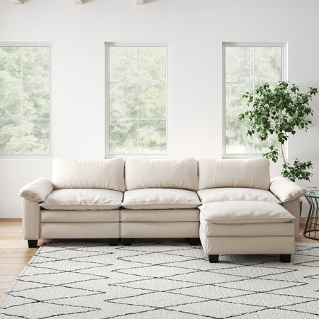 Living Room Furniture Luxury Sectional Sofa Couch with Ottoman Soft Velvet Upholstered Sofa Beige  W1097S00145