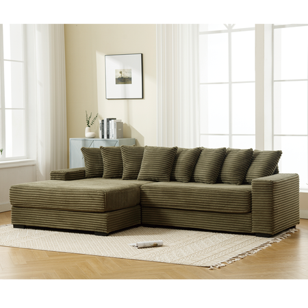 [NEW ARRIVED] [VIDEO PROVIDED] Oversized Two-Piece Couches, L Shaped Sofa, Corduroy, Left Chaise Daybed,with Armrests,Eight Throw Pillows,Corner Sofa,Easy To Assemble, Green W2108S00059
