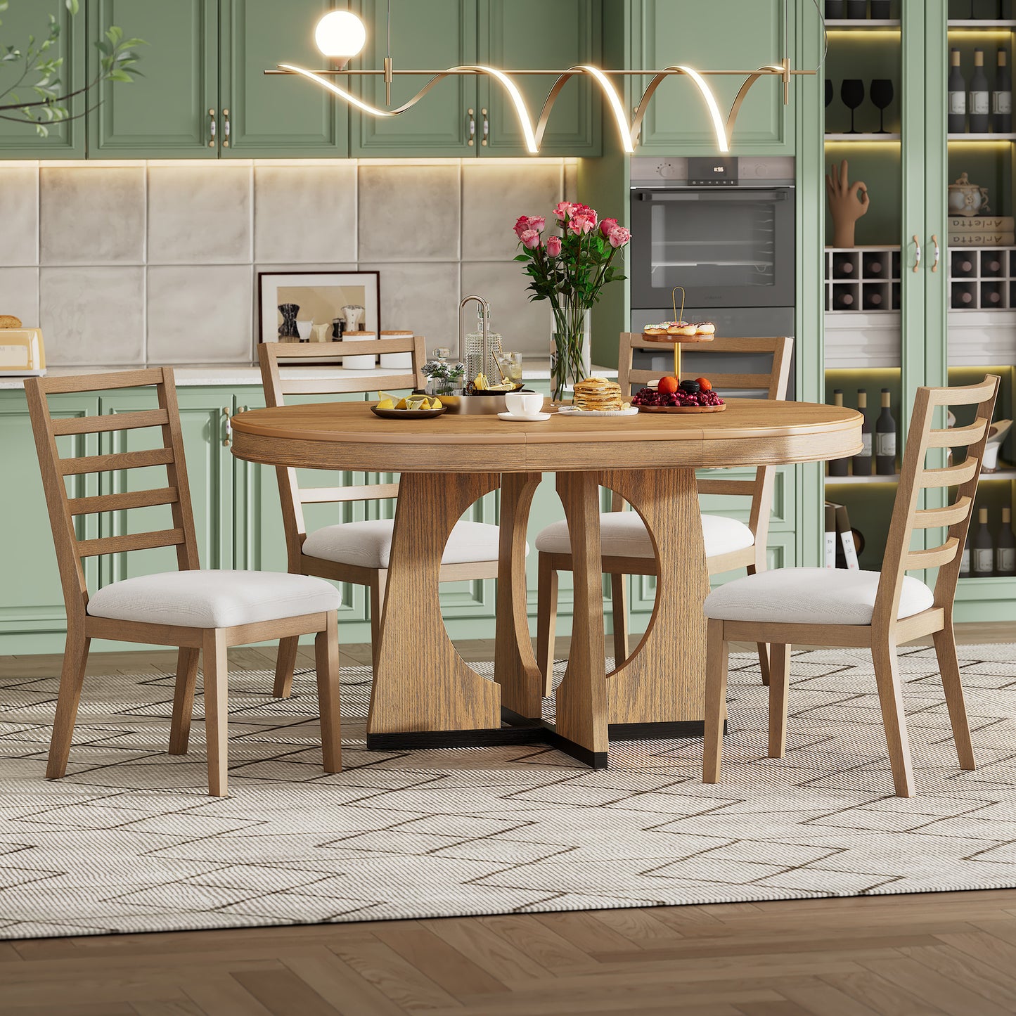 TREXM Round Dining Table for 4 with Chairs Set, Extendable Dining Table Set with 16' Removable Middle Leaf, 5 Piece Retro Dining Table Set Unique Geometric Design for Kitchen, Dining Room (Natural)  ST000131AAD