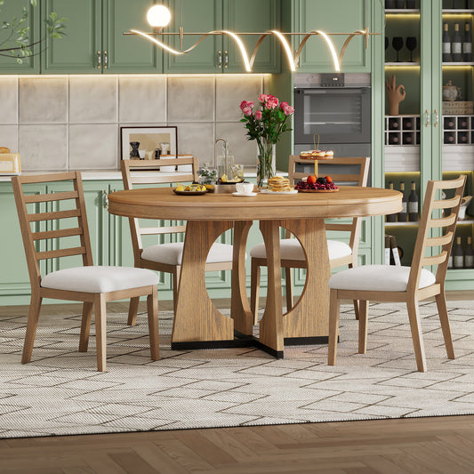 TREXM Round Dining Table for 4 with Chairs Set, Extendable Dining Table Set with 16' Removable Middle Leaf, 5 Piece Retro Dining Table Set Unique Geometric Design for Kitchen, Dining Room (Natural)  ST000131AAD
