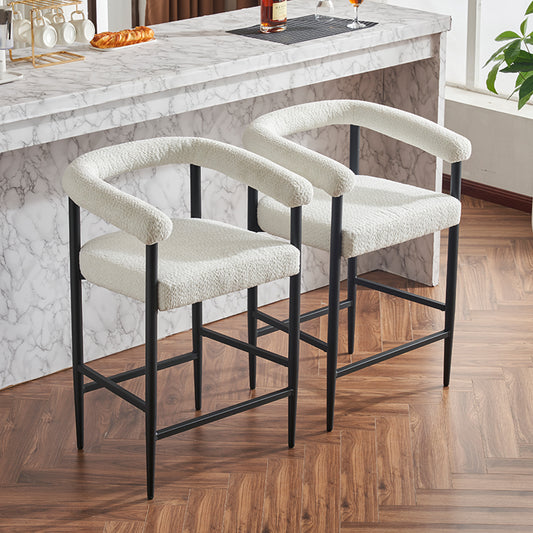 Modern Upholstered Bar Stools Set of 2, Boucle Fabric Counter Height Chairs with Metal Frame & Armrests, Kitchen Island Bar Chairs for Home, Dining Room, Cafe,White W1901P264274