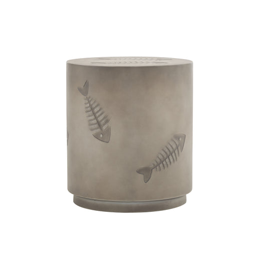 Rustic Magnesium Oxide Side Table with Fish Pattern Design in Grey, 16-Inch Diameter N772P195843G