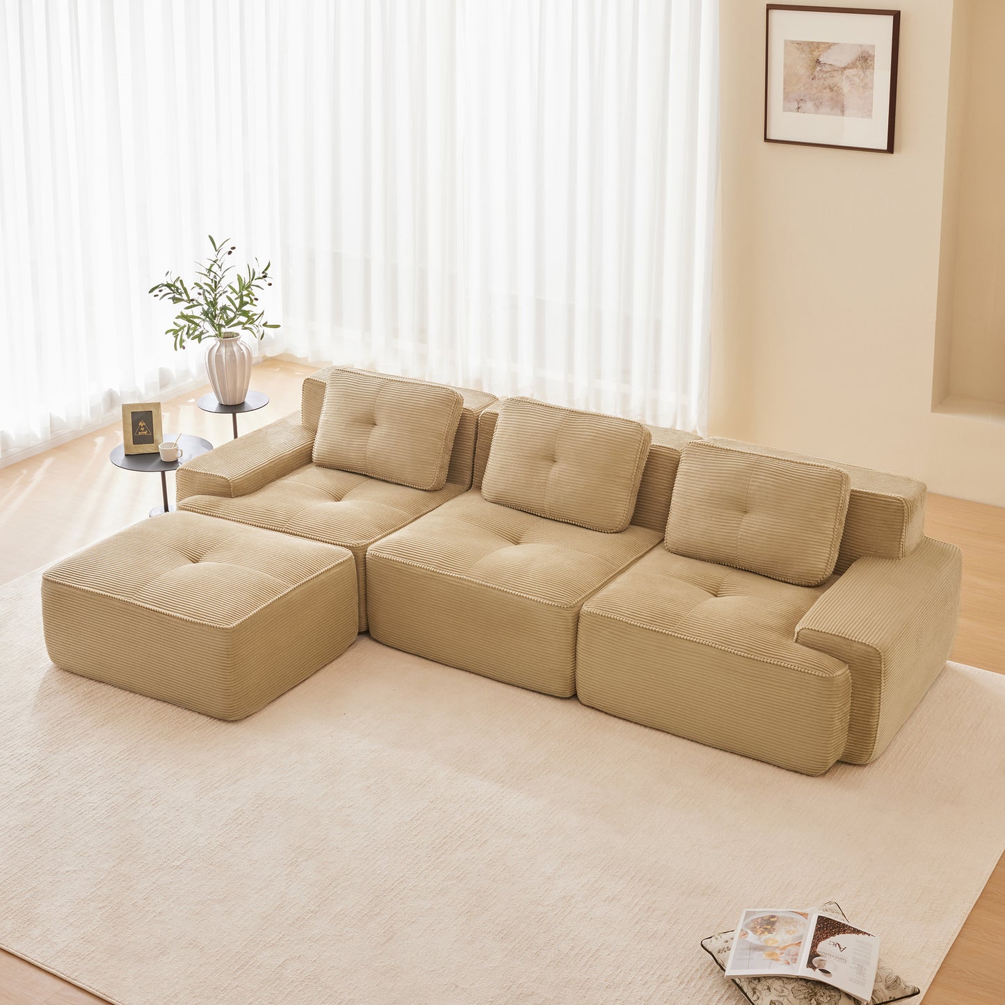117' Modern L-Shaped Modular Sectional Sofa for Living Room, Corduroy Fabric,3-Seater Couch with Deep Seat and Movable Ottoman,Pearl-like piping, Tufted Design,No Assembly, Anti-slip Design, Camel  W714S01468