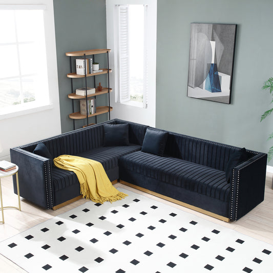 Contemporary Vertical Channel Tufted Velvet Sectional Sofa Modern Upholstered Corner Couch for Living Room Apartment with 4 pillows,Black W1117S00060