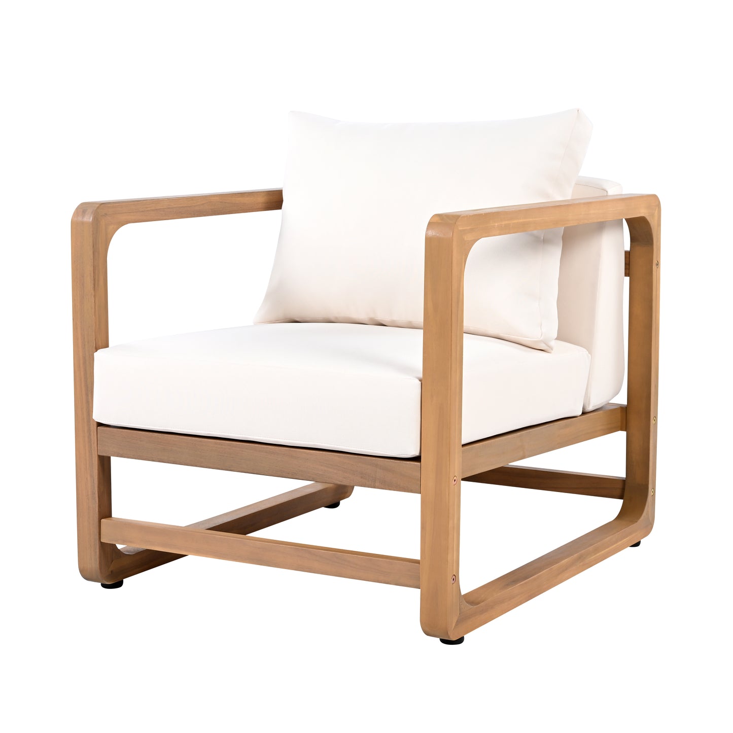 Outdoor Lounge Chair in Acacia Wood with Oversized White Cushion Set, Natural Grain, Durable and Spacious for Patio or Deck N769P303159A
