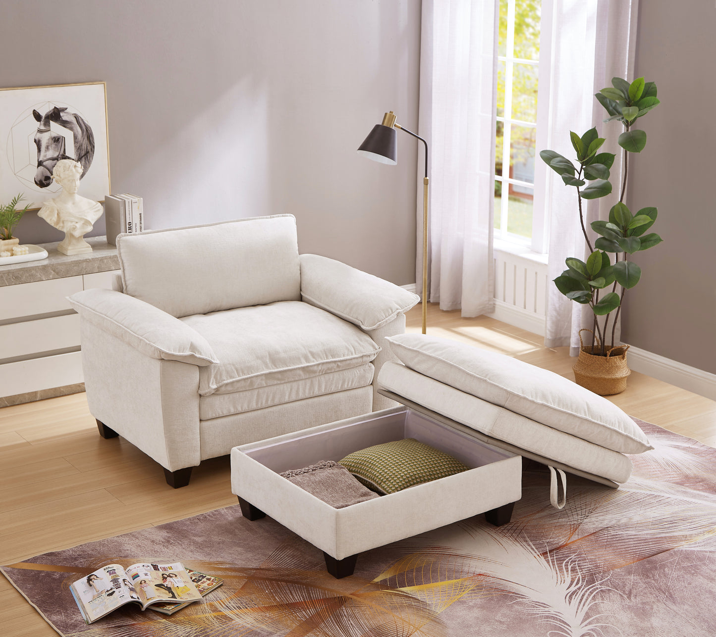 51' Oversize Chaise Lounge Chair with Ottoman and Storage  Upholstered Soft Chenille Beige W1097S00152