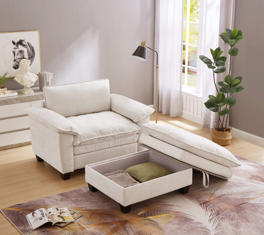 51' Oversize Chaise Lounge Chair with Ottoman and Storage  Upholstered Soft Chenille Beige W1097S00152