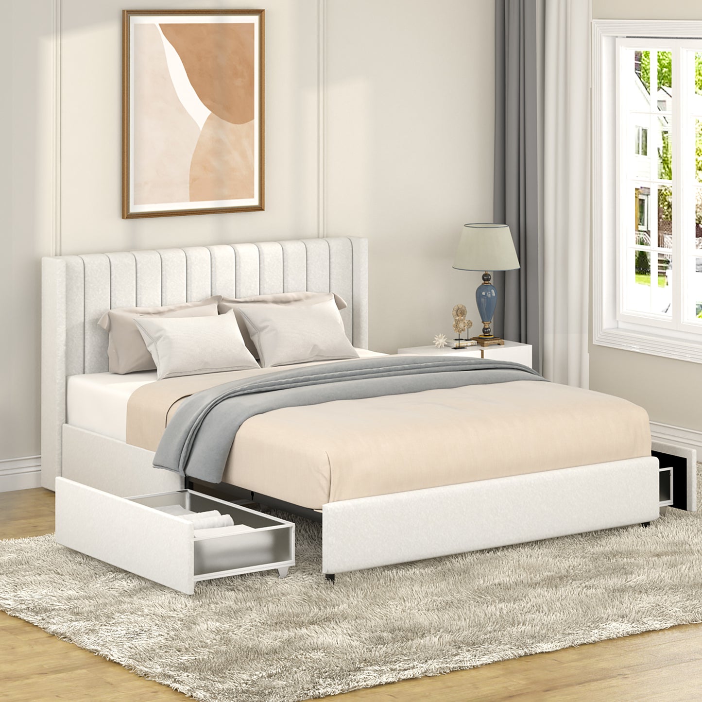 Anda Patented 2-Drawers Storage Bed Queen Size Ivory Boucle Upholstered Platform Bed, Tufted Headboard, Wooden Slat Mattress Support, No Box Spring Needed  B083P156197