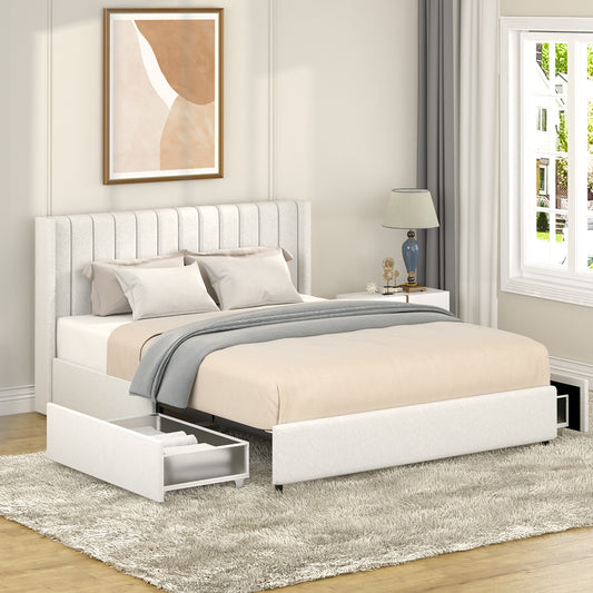 Anda Patented 2-Drawers Storage Bed Queen Size Ivory Boucle Upholstered Platform Bed, Tufted Headboard, Wooden Slat Mattress Support, No Box Spring Needed  B083P156197