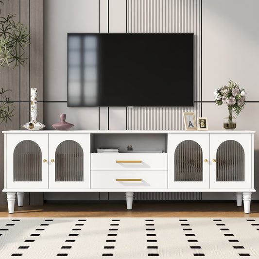 U-Can 68.9'' Retro TV Stand for TVs up to 75 Inches, Entertainment Center Media Console with Fluted Glass Doors and Five Solid Wood Legs for Living room  N724P198469K