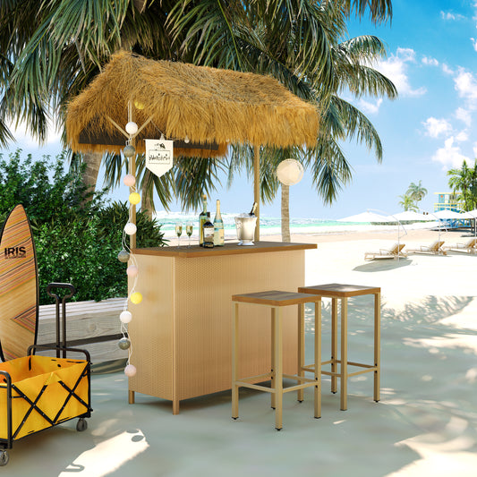 GO Hawaiian-style Bar Height Patio Set with PE Grass Canopy, Outdoor Bar Table and Stools with Adjustable Feet, Acacia Wood Top, for Dining and Drinking, Natural  WF530958AAA