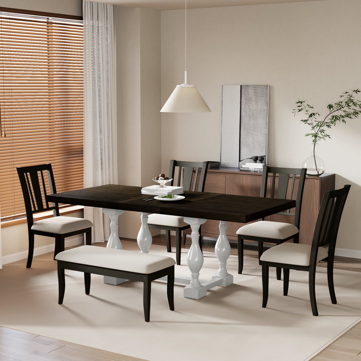 TOPMAX Traditional 6-Piece 78inch Trestle Extendable Dining Table Set with One 18inch Removable Leaf, Padded Dining Chairs and Bench,Distressed White  SP000055AAK