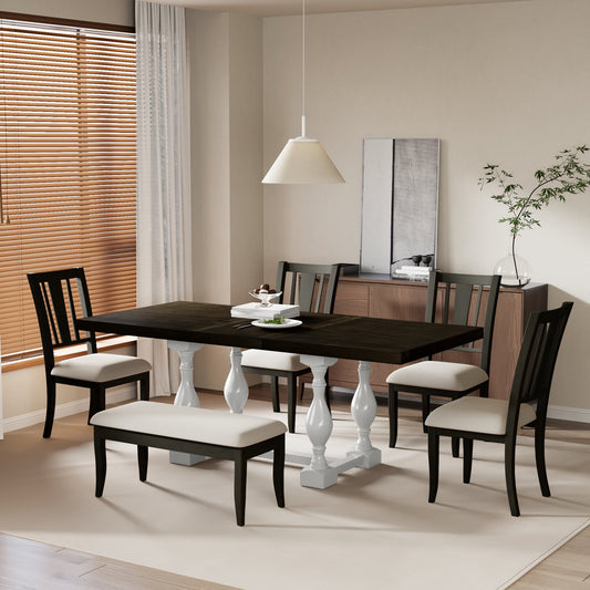 TOPMAX Traditional 6-Piece 78inch Trestle Extendable Dining Table Set with One 18inch Removable Leaf, Padded Dining Chairs and Bench,Distressed White  SP000055AAK