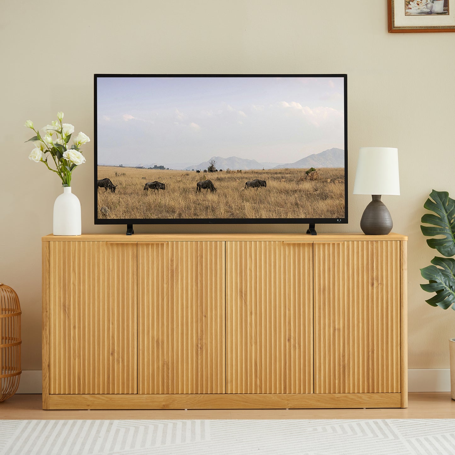 59-inch modern wavy sideboard, curved contour design storage cabinet, 4-door cabinet with storage function, suitable for kitchen/bedroom/living room, Natural, 59.0'L x 15.7'W x 27.7'H  W1162P339086