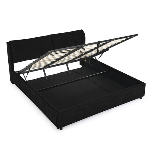 King Size Upholstered Hydraulic Platform Bed with Integrated Headboard, Black Chenille Fabric, Storage and Metal Frame  W1413S00116