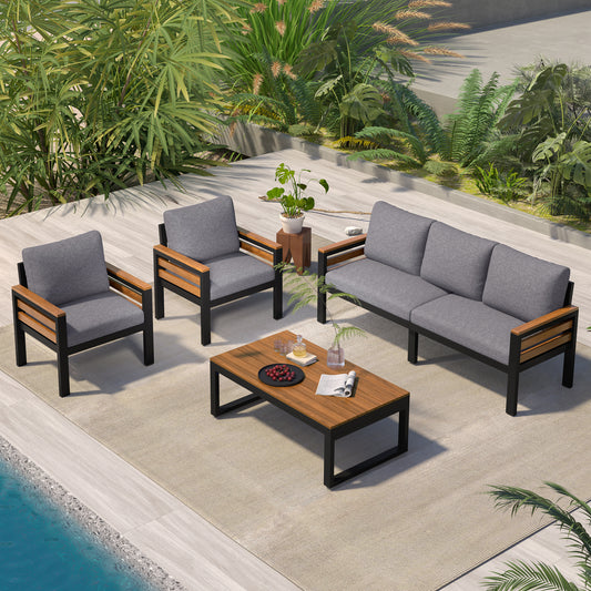 GO 4-Piece Outdoor Furniture Sofa Set for 5 People with  Acacia Wood Armrests, Patio Conversation Set with Removable Cushion and Solid Wood Coffee Table  for Garden, Grey  N704F201246E