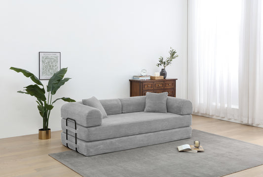 Convertible Sleeper Sofa Bed with Cylindrical Pillow - Corduroy Folding Mattress Couch with Fixed-Shape Frame for Living Room, Bedroom, Lounge, Studio - Light Gray  W3199P309003
