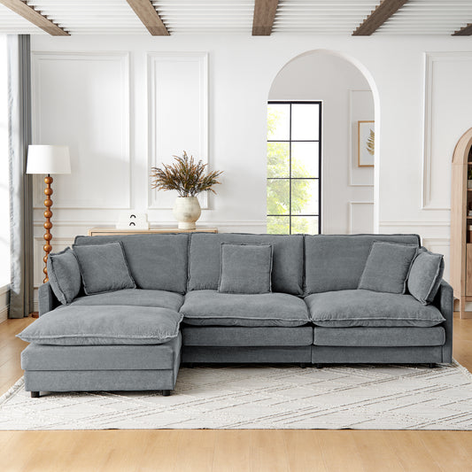 Modern Home Living Room L-Shaped Sectional Sofa Couches with Ottoman, Convertible Oversized 4 Seater Couch Towel Fabric, Grey W1413S00079