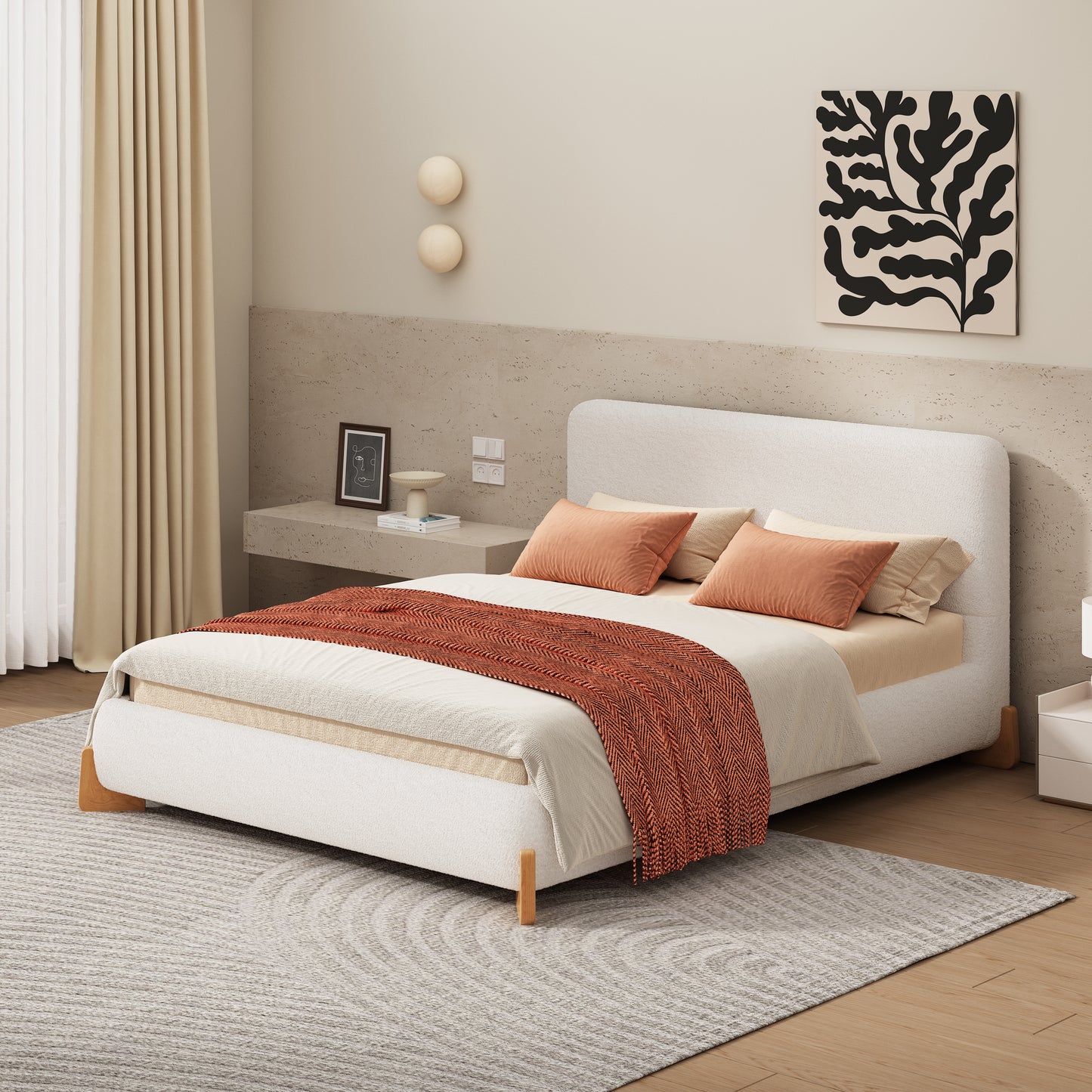 Elegant Boucle Upholstered Bed, A Luxurious and Comfortable Bedroom Centerpiece, Queen Size, White  N769P227994Q
