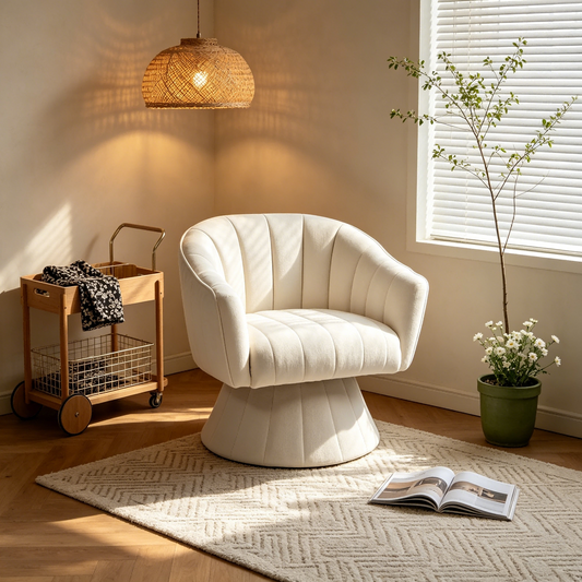 360 Degree Swivel Accent Chair, Modern Channel Tufted Barrel Chair, Cream Corduroy Upholstered Round Swivel Armchair, Comfy Rotating Lounge Chair for Living Room Bedroom Vanity Office  W2105P509591