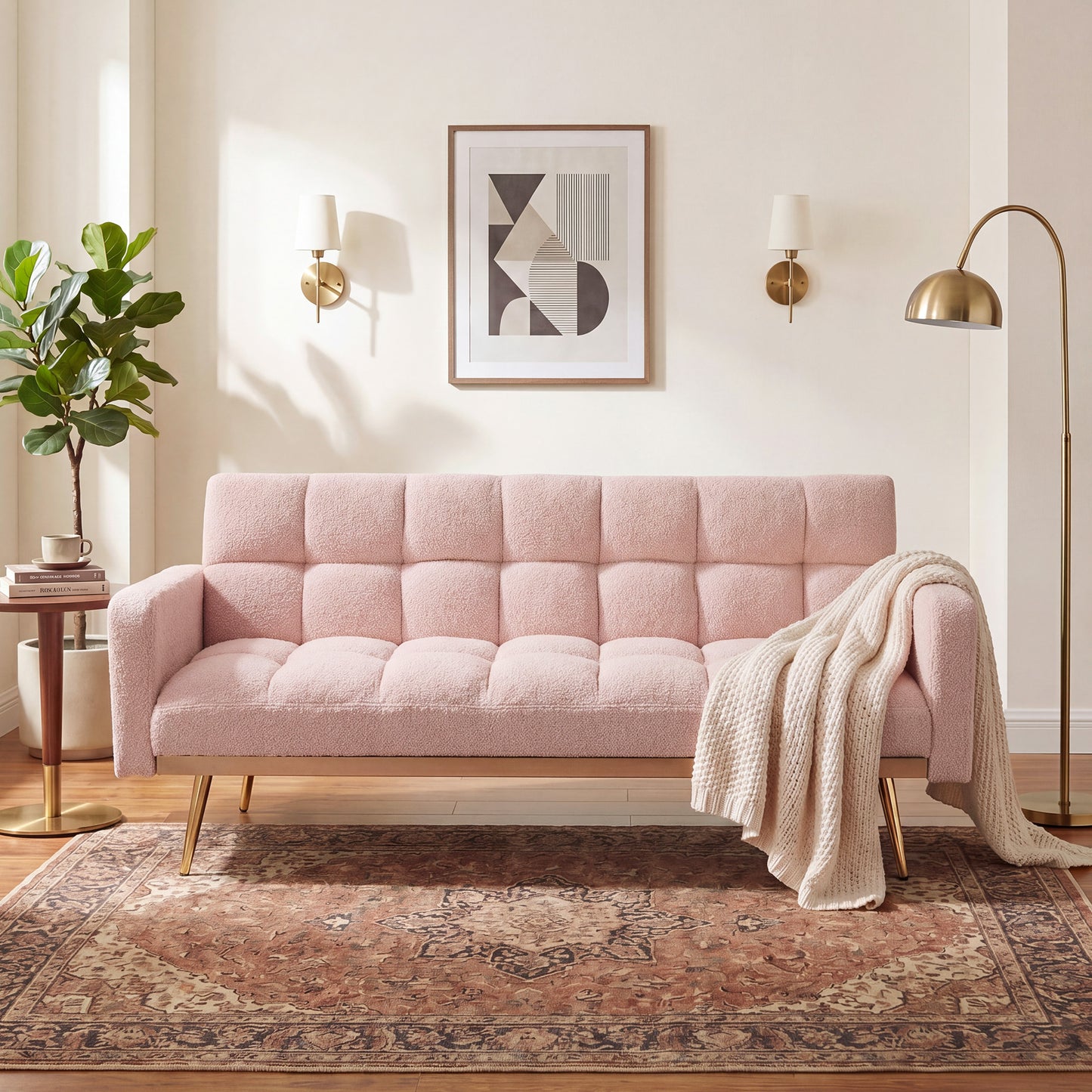 69 Inch Soft Teddy Fleece Adjustable Pink Sofa Bed, Multifunctional Couch for Living Room Bedroom Small Spaces  W1658P505195