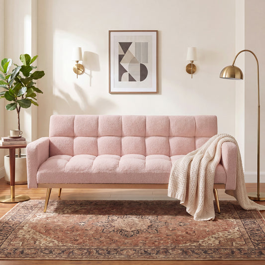 69 Inch Soft Teddy Fleece Adjustable Pink Sofa Bed, Multifunctional Couch for Living Room Bedroom Small Spaces  W1658P505195