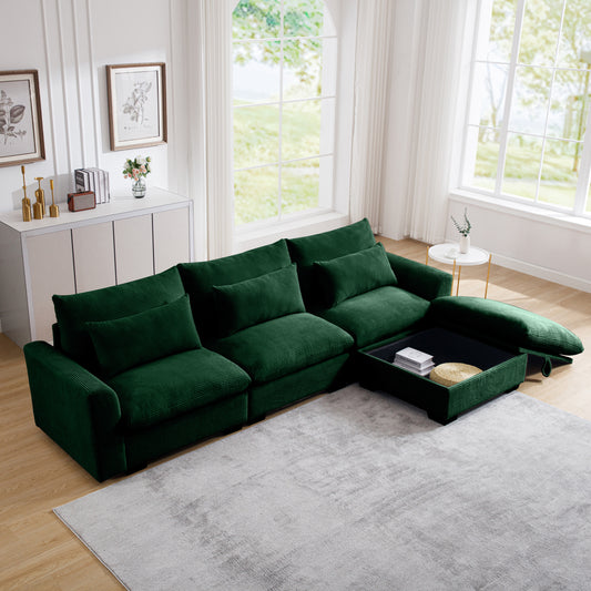 Corduroy Sectional Sofa,  L Shaped Couch with Storage Footstool and 3 Pillow, Sectional Couch for Living Room Apartment, Green W714S00671