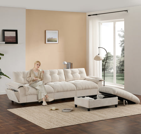[VIDEO]104*60' Sectional Sofa, L-Shape with Multifunctional Armrest, Dual-Port Charging, Cup Holder, Side Storage Pockets, Movable Storage Ottoman, Unique Tufted Design, Soft Cushion, Chenille,3colors  N723S9806A