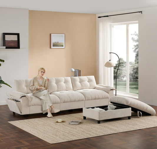 [VIDEO]104*60' Sectional Sofa, L-Shape with Multifunctional Armrest, Dual-Port Charging, Cup Holder, Side Storage Pockets, Movable Storage Ottoman, Unique Tufted Design, Soft Cushion, Chenille,3colors  N723S9806A
