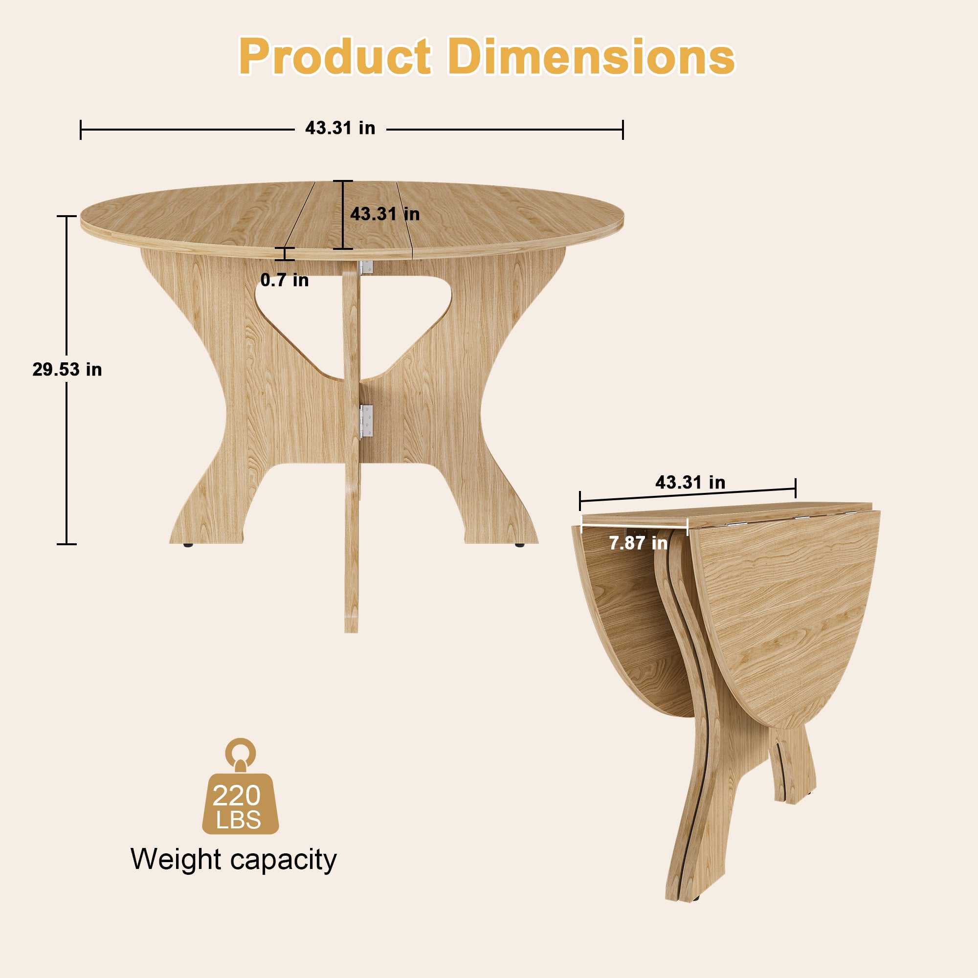 43 in Folding Dining Table Set with 2 Chairs, MDF Table with Wild