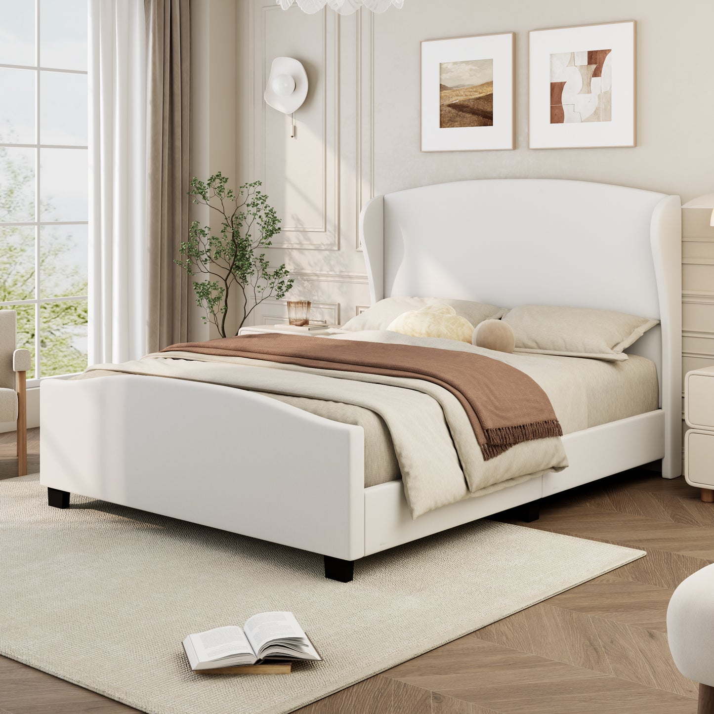 Queen Size 51' High Headboard Wingback Linen Upholstered Bed No Box Spring Needed, Beige  N701P208365A
