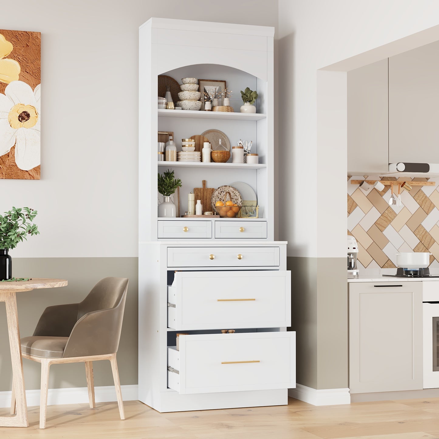 [Assembly Video Provided] TOPMAX Modern 83.7inch High Kitchen Pantry, Freestanding Tall Kitchen Hutch with Faux Marble Top, Display Cupboard Cabinet with 5 Storage Drawers and Adjustable Shelf, White N717P221575K
