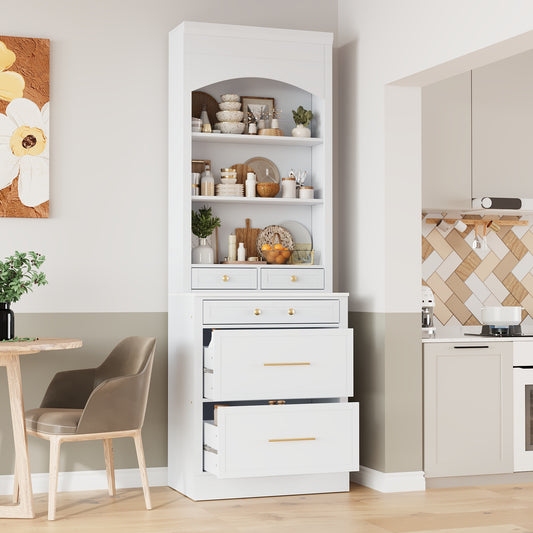 [Assembly Video Provided] TOPMAX Modern 83.7inch High Kitchen Pantry, Freestanding Tall Kitchen Hutch with Faux Marble Top, Display Cupboard Cabinet with 5 Storage Drawers and Adjustable Shelf, White N717P221575K