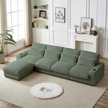 126-inch Corduroy With Cup Holder Super Large L-Shaped Sofa, Movable Footrest, Four Waist Pillows And Four Back Cushion, With USB Port And Type-C Port W834S00359