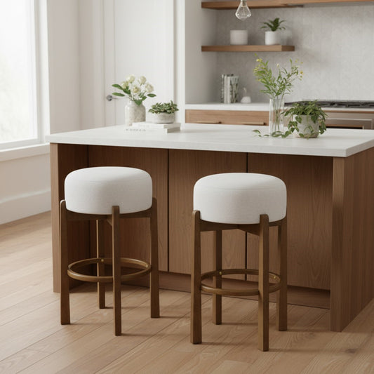 Vera Indoor Wooden Upholstered Barstool, Dark Walnut Finish and Ivory Upholstery, Set of 2  N775P333869D