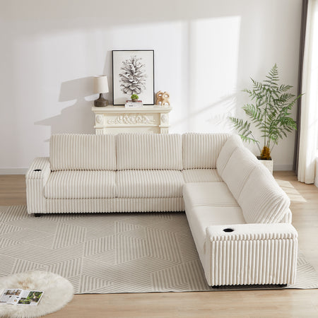 110-Inch Oversized Corduroy Corner Sofa,L Shaped Corner Couch with two storage spaces,USB port & Type-C port and Cup-holder , Deep Seat Comfy Upholstered Couches for Living Room(Not freely combinable)  W834S00284