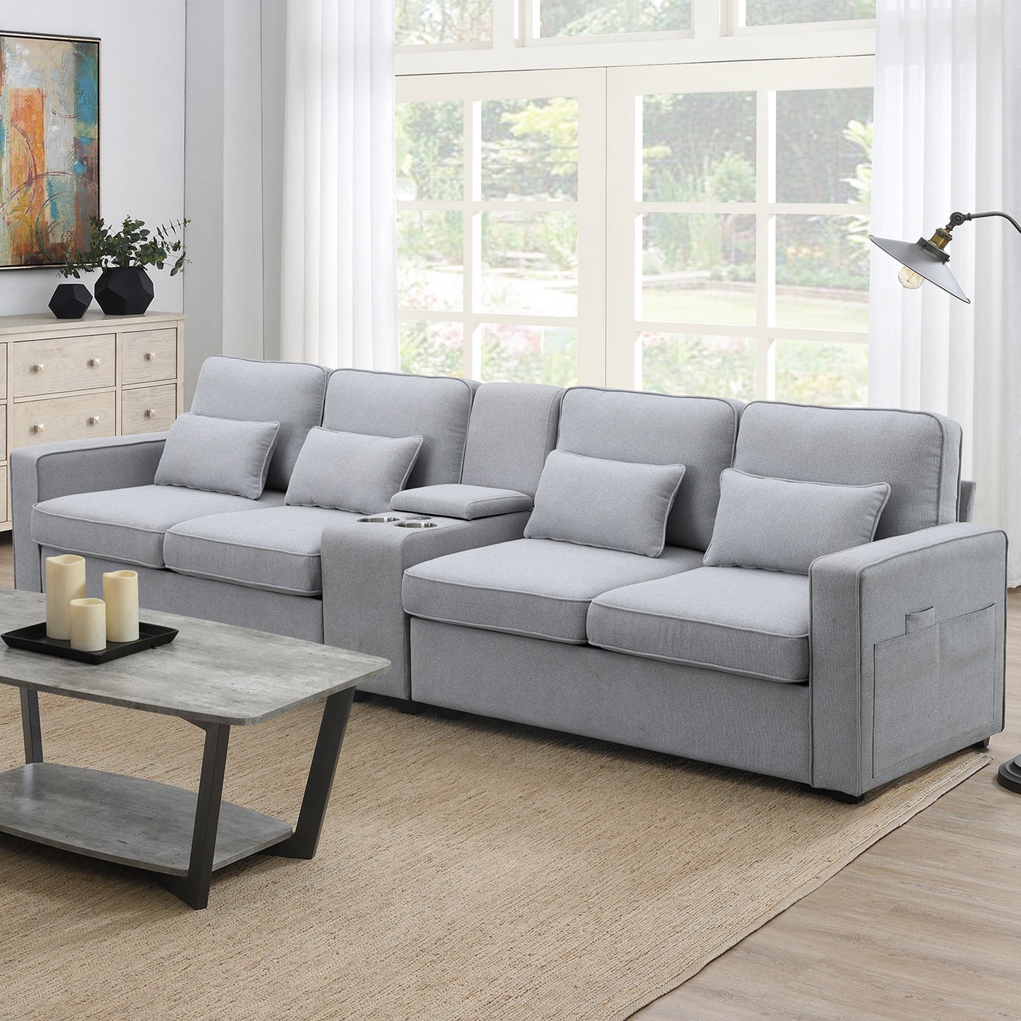 [VIDEO provided] [New] 114.2' Upholstered Sofa with Console, 2 Cupholders and 2 USB Ports Wired or Wirelessly Charged, Modern Linen Fabric Couches with 4 Pillows for Living Room, Apartment (4-Seat)  GS000086AAE