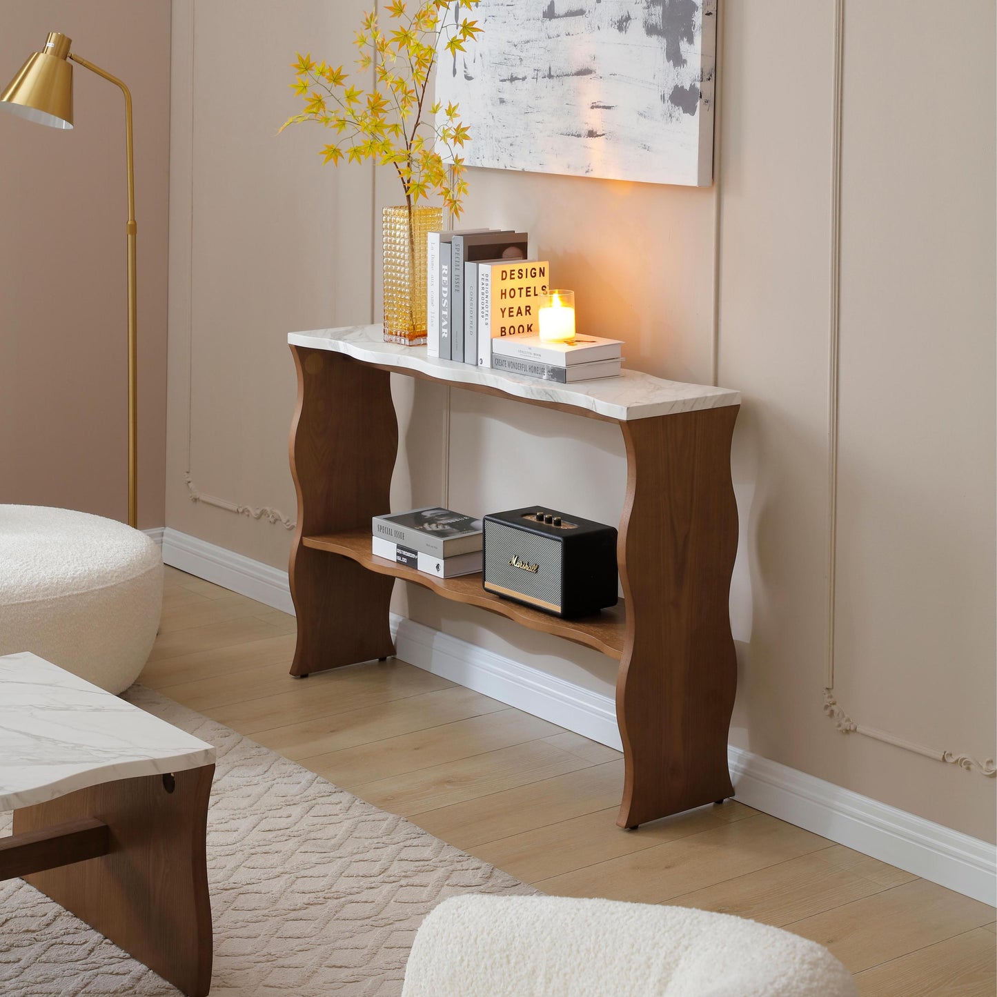 47.24' Whisper of Waves Modern Console Table w/ White Marble-Pattern Top, Solid Wood Veneered Sofa Table w/ Open Storage Shelf, Entryway Table for Living Room, Walnut Brwon W2664P346441