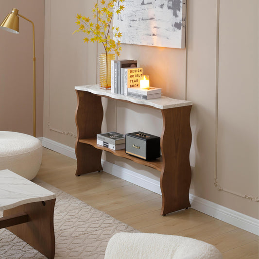 47.24' Whisper of Waves Modern Console Table w/ White Marble-Pattern Top, Solid Wood Veneered Sofa Table w/ Open Storage Shelf, Entryway Table for Living Room, Walnut Brwon W2664P346441