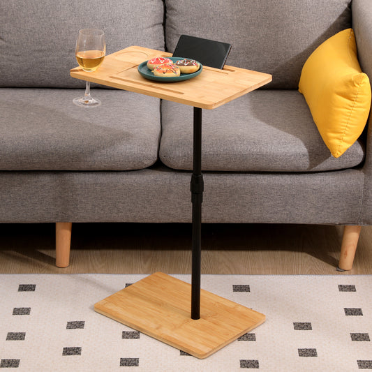 Bamboo Couch Tray Table Height Adjustable C-Shaped End Table with Slots 2 Tier Sofa Side Table for Living Room & Bedroom (Rectangle + Rectangle) W1757P179664