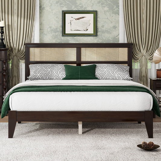 Queen Size Rubber Wooden, Solid Wooden Bed with Rattan Headboard, Enhanced by Support Feet,Espresso  W504P252031
