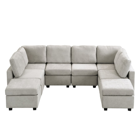 U-shaped Sectional Sofa Couch with Ottomans, USB Ports, Grey Chenille Fabric, 103' N719S001620E