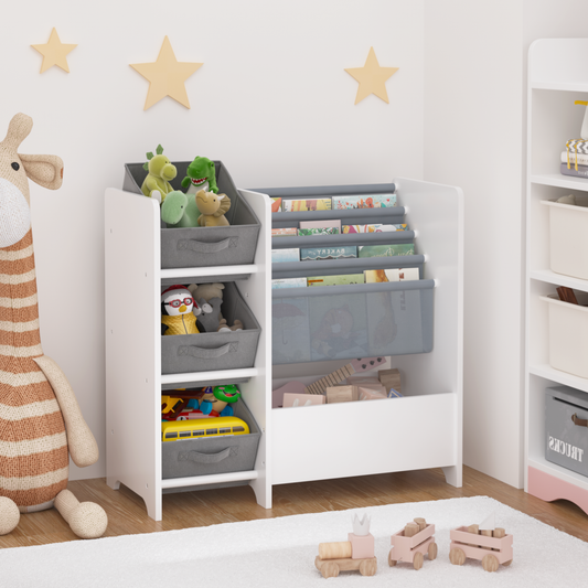 Kids Bookshelf and Toy Storage Organizer, Multifunctional 4 Tier Kids Book Shelf with 3 Collapsible Fabric Drawers, Children's Book Display in Room Playroom Nursery for Kids, Children, Toddlers  W808P248988