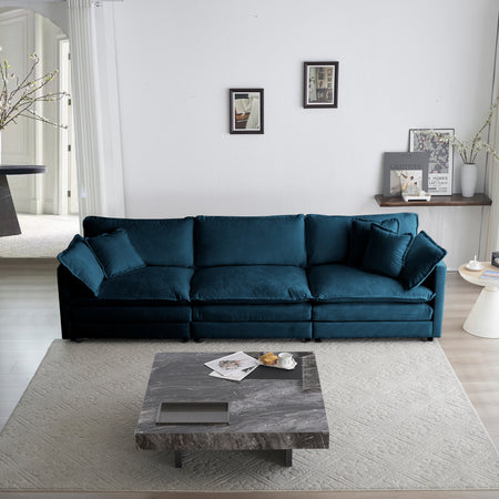 Mid-Century Modern Couch 3-Seater Sofa with 2 Armrest Pillows and 3 Toss Pillows, Couch for Living Room Blue Chenille W714S00600